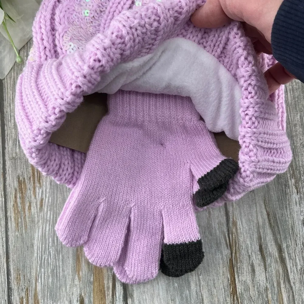 Girls Justice Sequin Cable Knit Hat and Gloves Set Pink 2-Pack